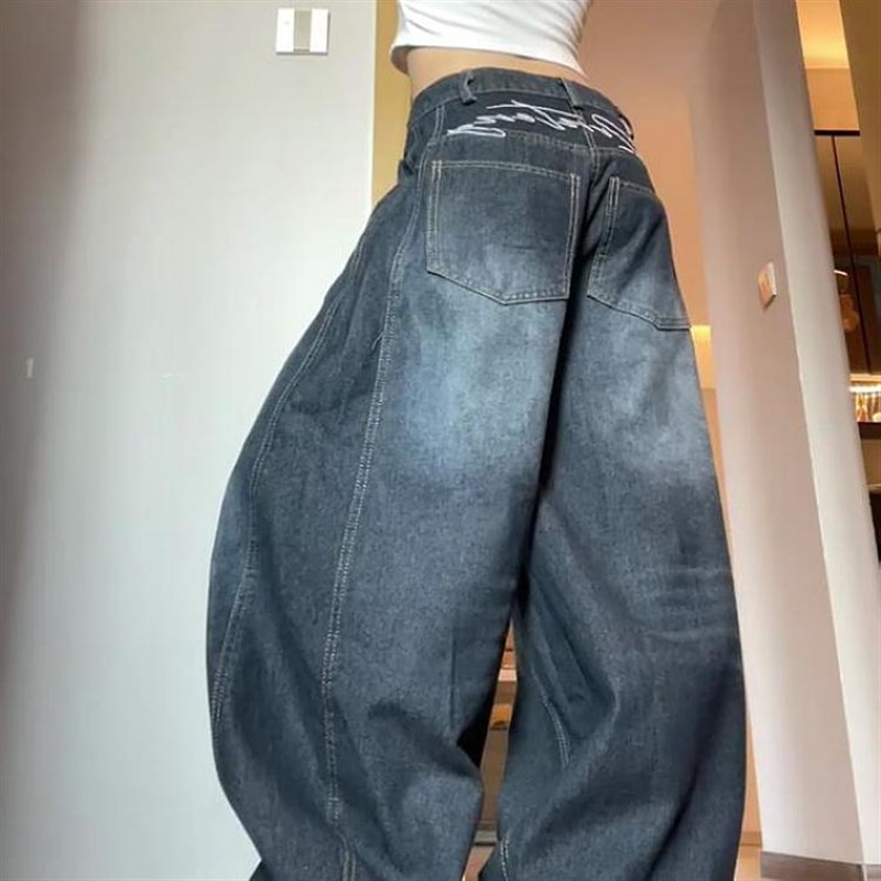 大码美式vibe复古弯刀廓形牛仔裤女秋2024小众水洗阔腿坠感拖地裤