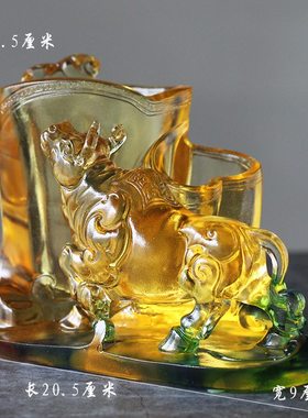 琉璃金牛笔筒摆件居家客厅书房前台桌面摆放装饰节日商务送礼工艺