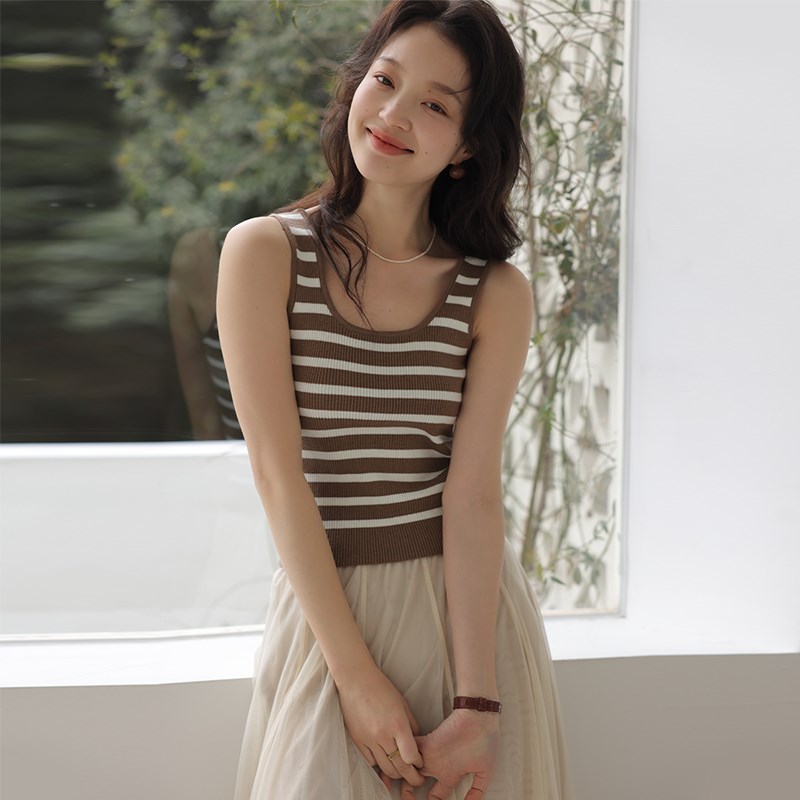 思诺芙德羊毛吊带女25春季新款条纹修身气质针织内搭外穿针织背心