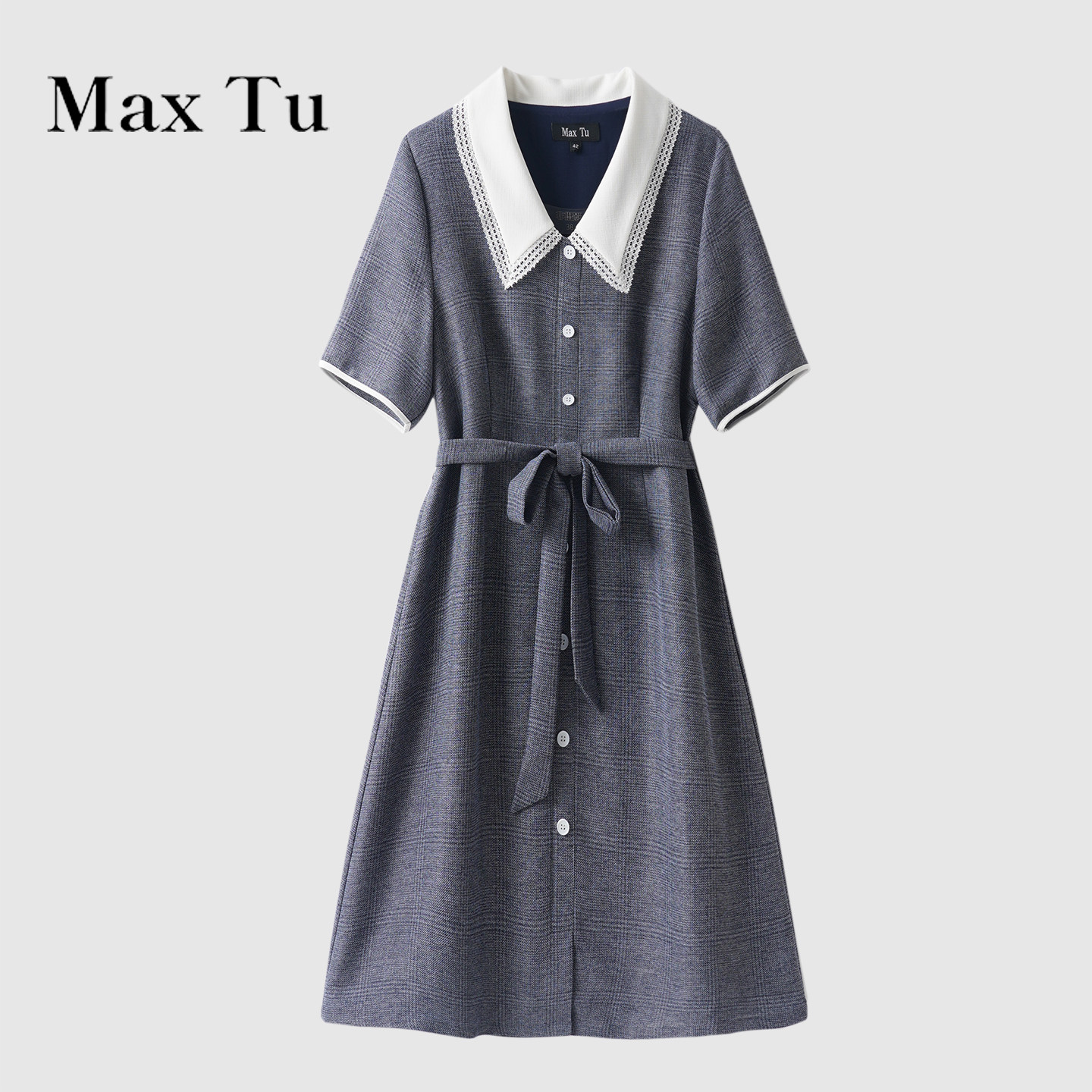 Max Tu折扣店法式娃娃领短袖连衣裙系带收腰显瘦减龄蓝色