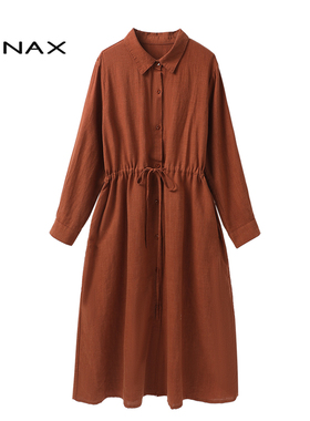 TENAX 2025春秋新款宽松大码中年时尚休闲苎麻长袖连衣裙
