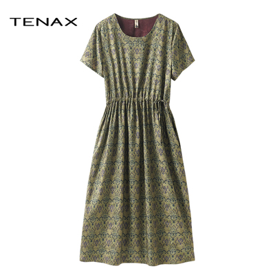 TENAX妈妈夏印花收腰显瘦连衣裙