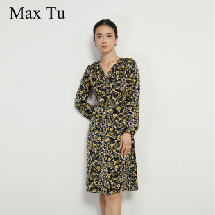 Max Tu折扣店春秋新款宽松大码收腰中年碎花V领长袖雪纺连衣裙