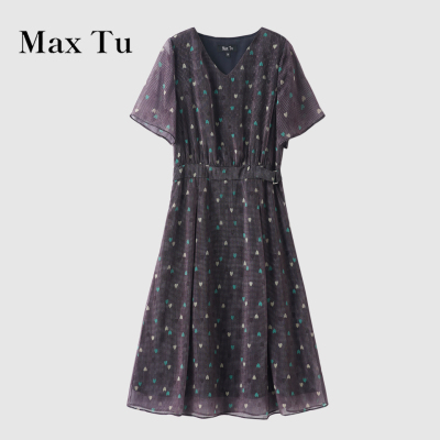 MaxTu夏碎花V领收腰雪纺长裙