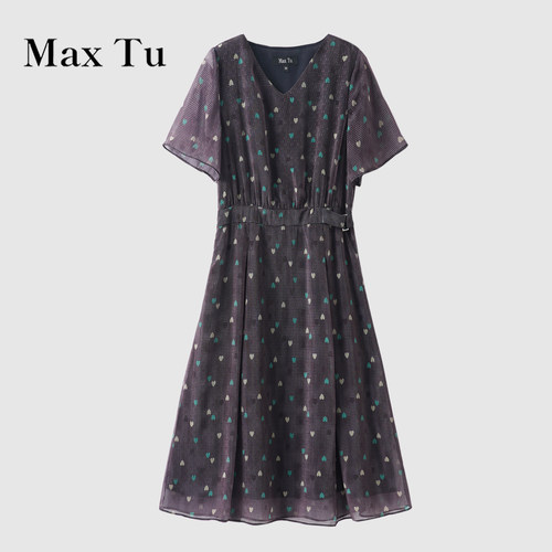 MaxTu夏碎花V领收腰雪纺长裙