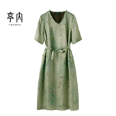 TENAX中年宽松大码 连衣裙 国风收腰显瘦桑蚕丝短袖 2025夏新款 中式