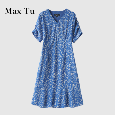 MaxTu淑女蓝碎花V领雪纺裙