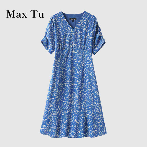 MaxTu淑女蓝碎花V领雪纺裙