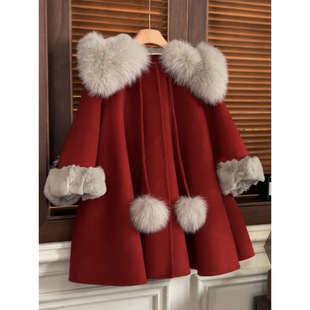 2026新款女童呢大衣秋冬儿童圣诞服装加绒外套女孩夹棉拜年服