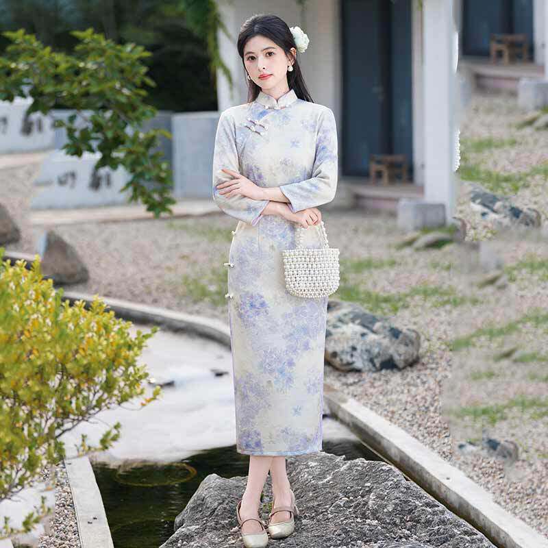 2026新款紫色国风新中式长款秋季长袖旗袍改良年轻款女高级感