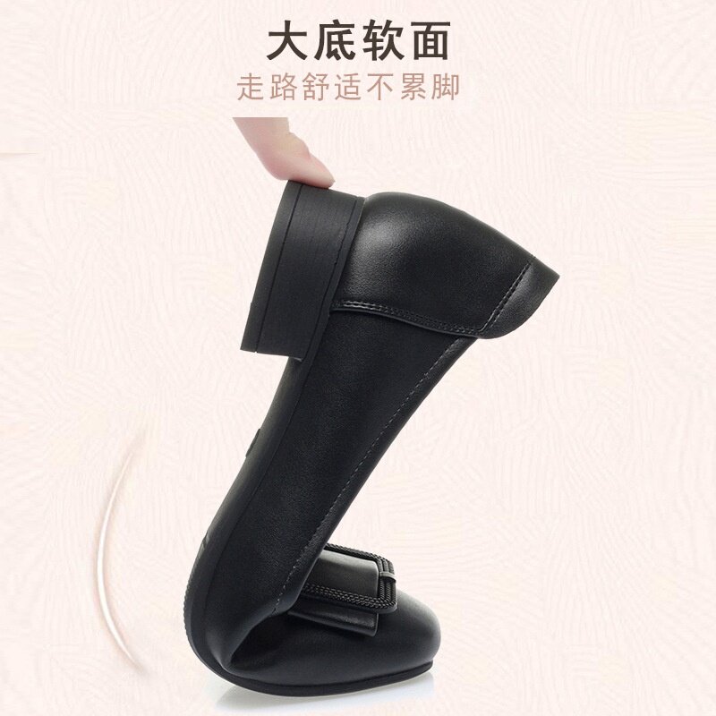 2026新款春季黑色圆头粗跟女士皮鞋纯色浅口超软脚底套脚粗跟女鞋