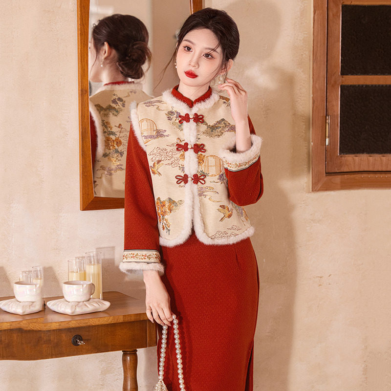 2026新款加绒拜年服国风新中式长袖改良旗袍冬季厚款女高级感
