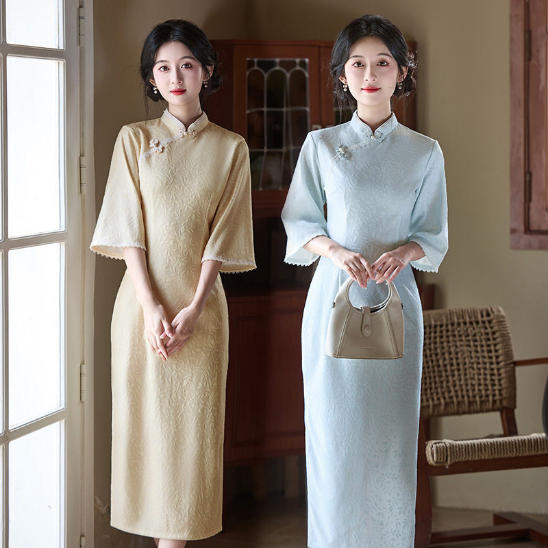 2026新款黄色倒大袖国风新中式长款秋季长袖旗袍改良年轻款女