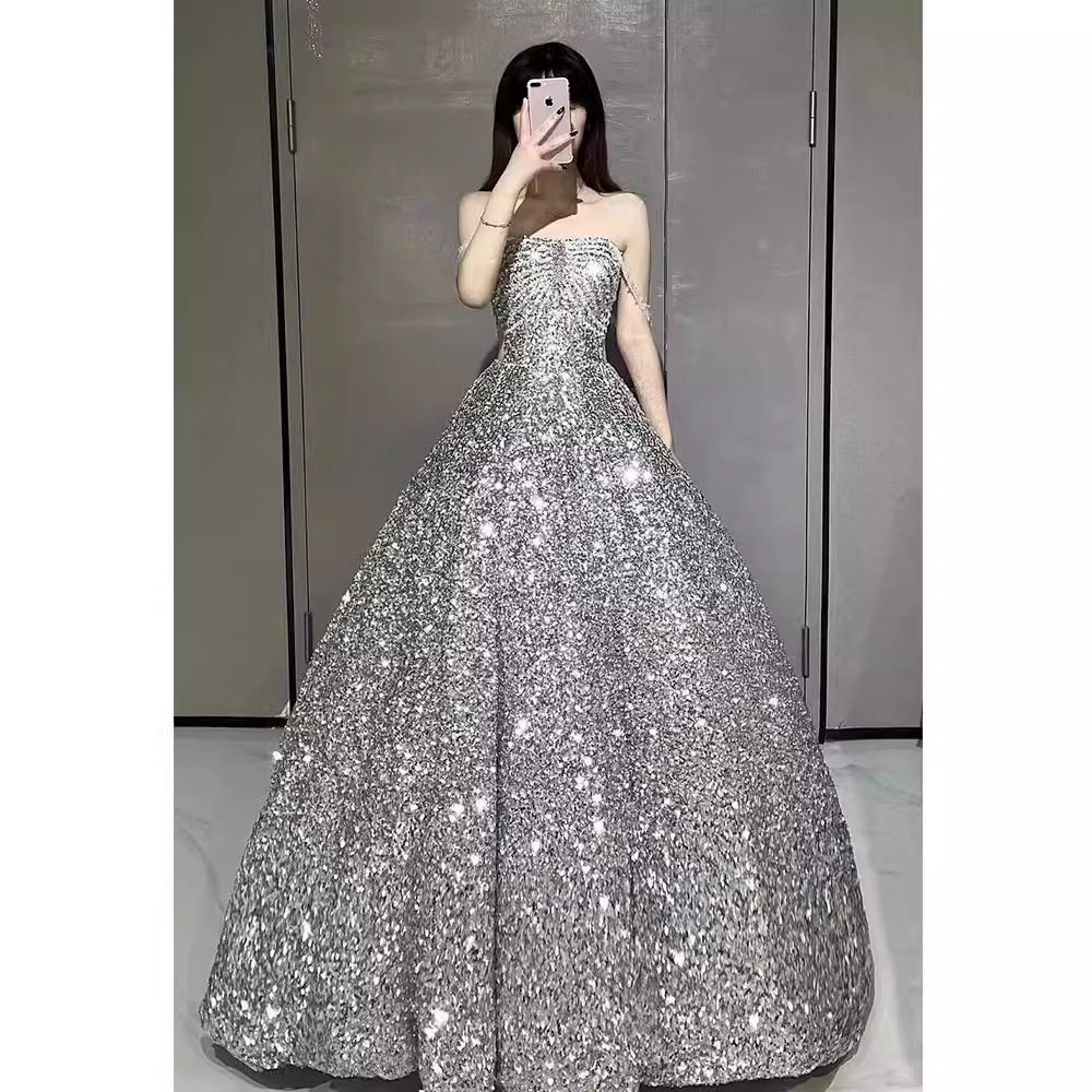 2026新款晚礼服主持人学生日成人礼艺考礼服亮闪闪银色敬酒服新娘