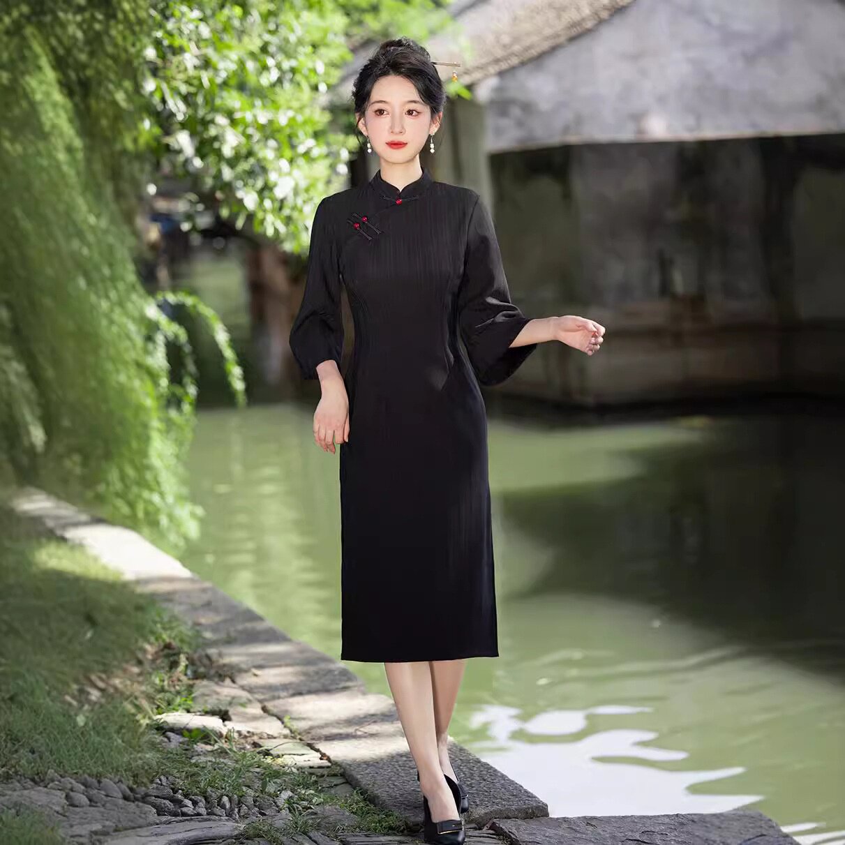 2025新款早秋款中国风提花棉立领中长款复古旗袍女装少女改良