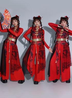 2026新款打鼓演出服女套装红色中国风舞蹈服女团打歌服古风爵