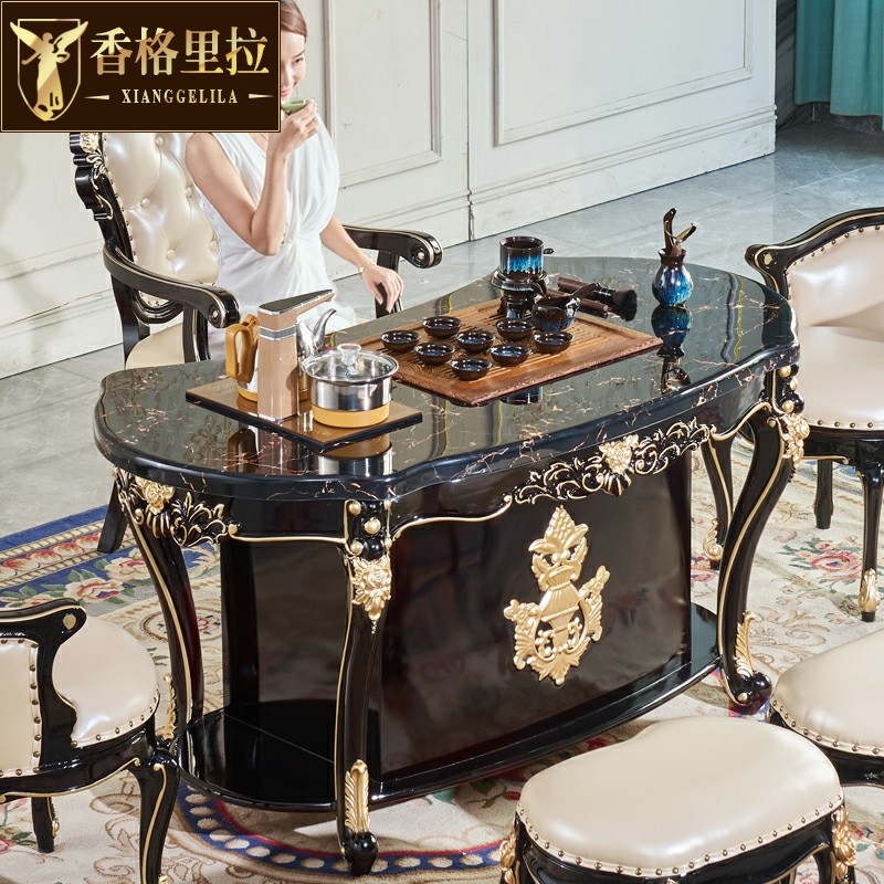 欧式茶水桌别墅客厅家用实木大理石茶桌椅功夫茶台一体茶几多功能