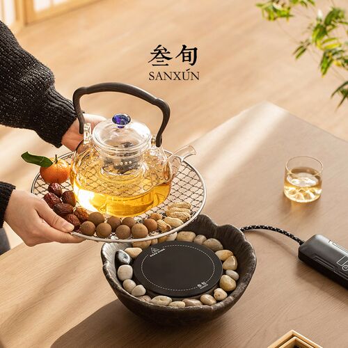 叁旬围炉煮茶全套器具家用电陶炉玻璃煮茶壶煮茶炉冬天烤火炉套装