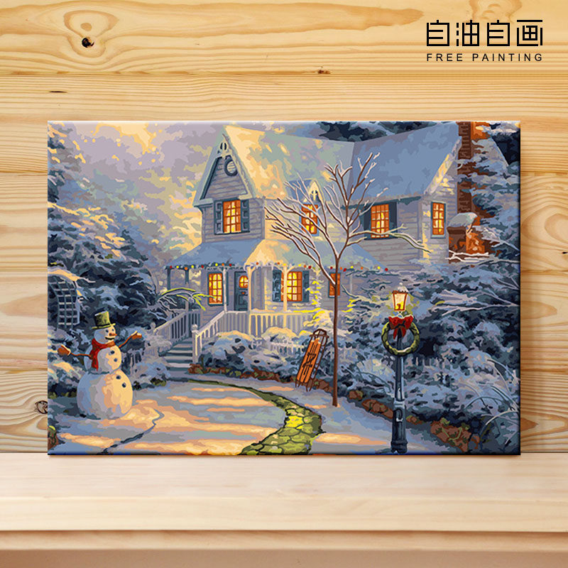 自油自画 数字油画diy画画手绘填充填色油彩画手工丙烯画冬夜雪景