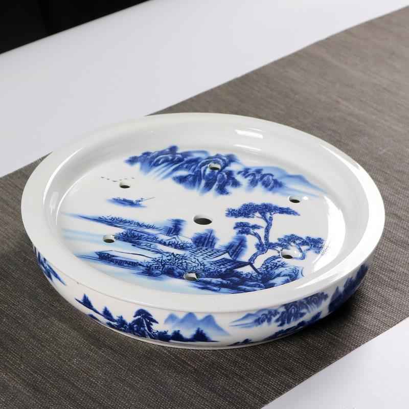 家用12寸青花瓷圆形茶盘大号陶瓷双层储水功夫茶台茶洗个性托 托
