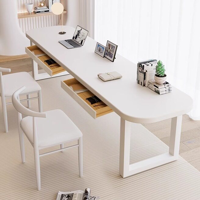 奶油风双人电脑桌卧室家用客厅大长书桌工作台圆角长条学习办公桌