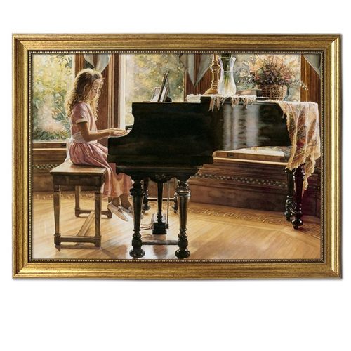 装饰横版弹钢琴油画装饰画琴房女孩玄关横幅挂画 油画房女孩定做