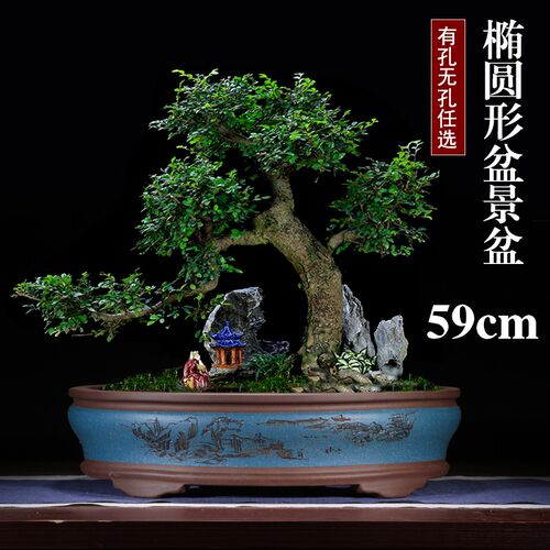 宜兴紫砂长方形特大椭圆假山无孔花盆家用腰圆老桩透气陶瓷有孔盆