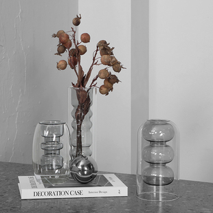 密度家居极简现代创意烟灰玻璃双层葫芦花瓶摆件客厅水培干果插花