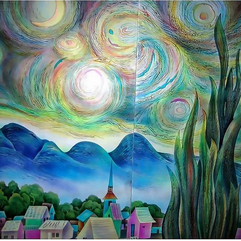 艺术玻璃隔断屏风电视背景墙 肌理雕刻抽象油画梵高名作 横幅星空
