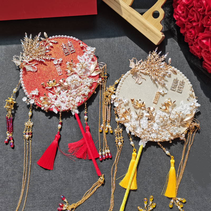 长情-喜扇秀禾扇刺绣蕾丝新娘手捧扇团扇结婚扇子古风diy双面流苏