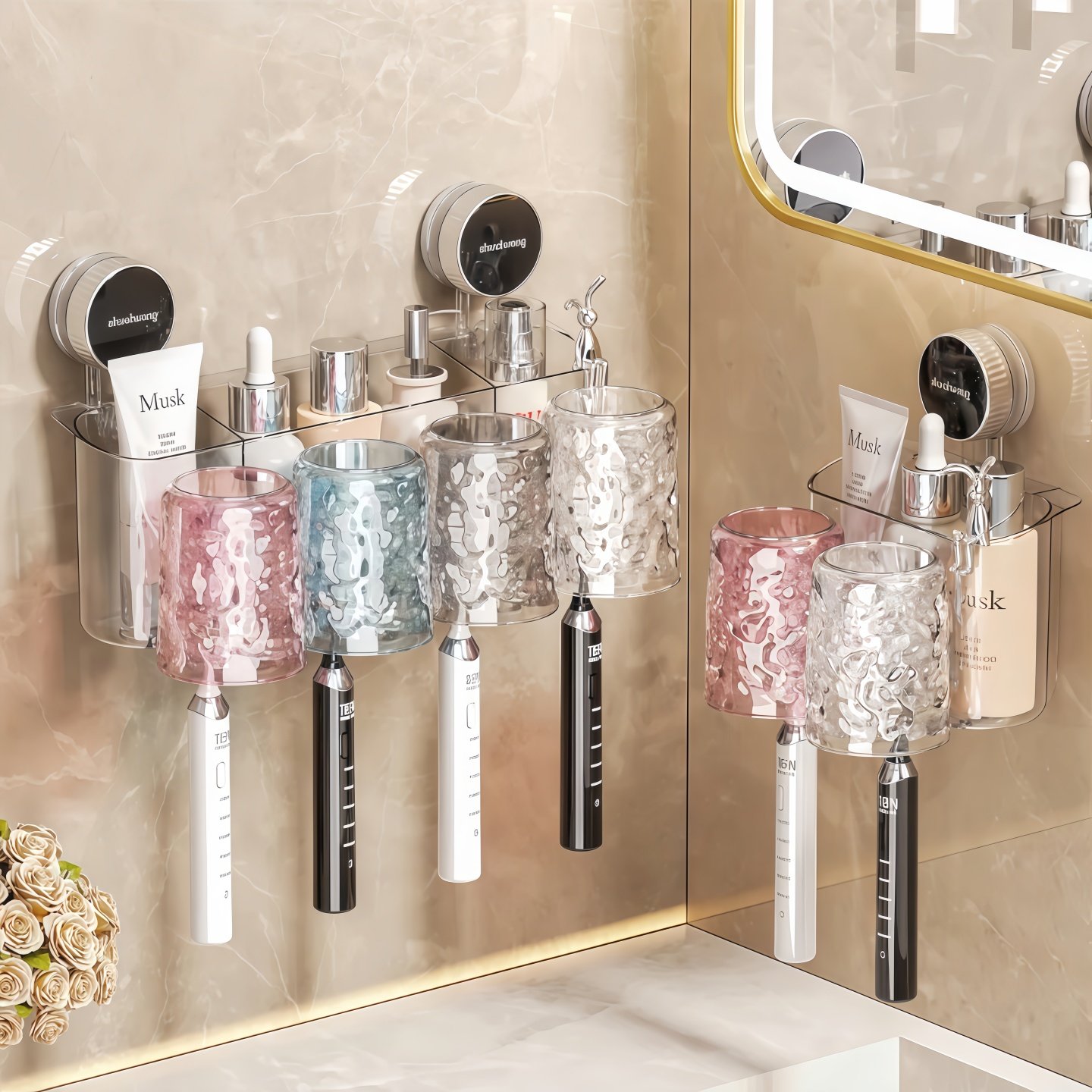 吸盘牙刷置物架高颜值壁挂式免打孔牙刷架新款卫生间刷牙杯漱口杯