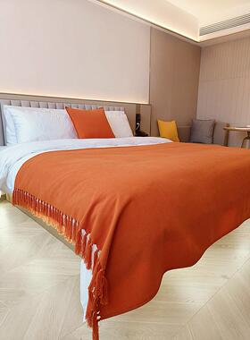 可机洗轻奢橙色民宿酒店专用床旗床尾巾床尾毯沙发搭毯针织毯搭巾