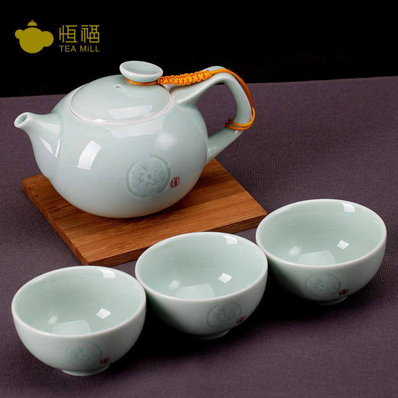 恒福茶具功夫茶具套装龙泉青瓷一壶三杯越窑古意趣小茶壶组
