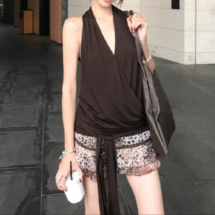 美式纯欲风无袖荡领挂脖吊带背心上衣女2026夏豹纹半身短裙两件套