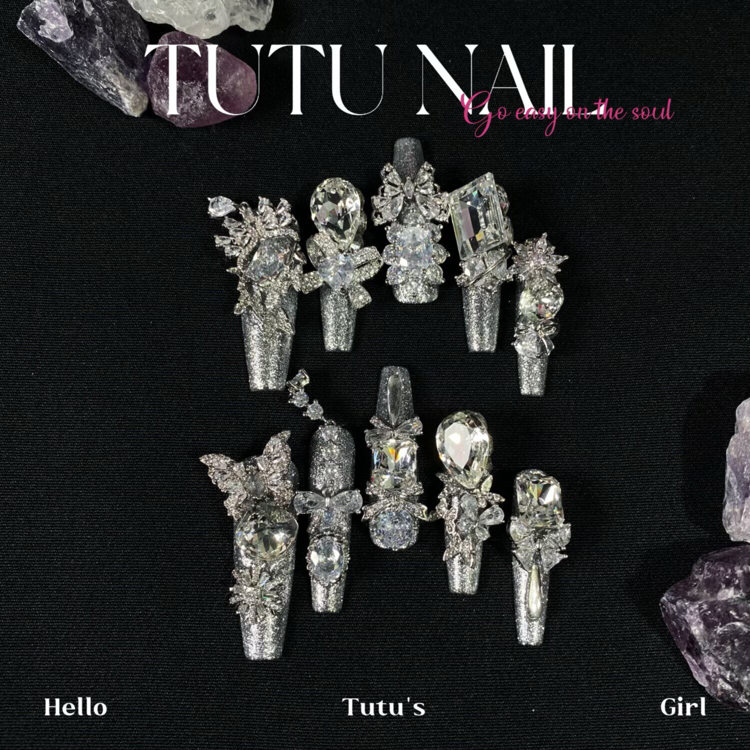 【银月】TUTU NAIL手工穿戴美甲显白重工爆闪银婚甲蝴蝶链条超长