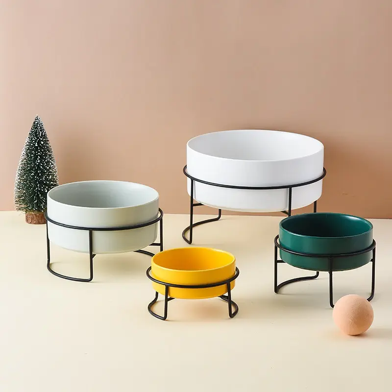 高脚铁架猫碗陶瓷双碗一体连体饮水食盆防打翻宠物用品