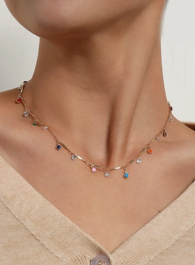 欧美饰品 气质短款水钻宝石吊坠项链女 个性直管滴釉花朵项饰