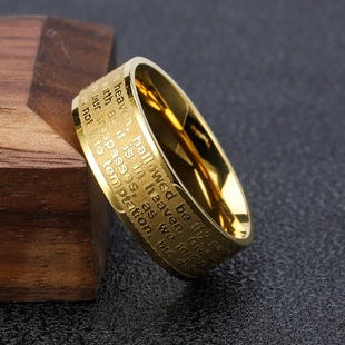 欧美18k金简约白贝壳钛钢戒指复古十字架经文镶钻电镀不锈钢戒指