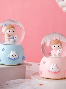 可爱桃桃兔水晶球梦幻发光玻璃球桌面摆件心女孩生日礼物