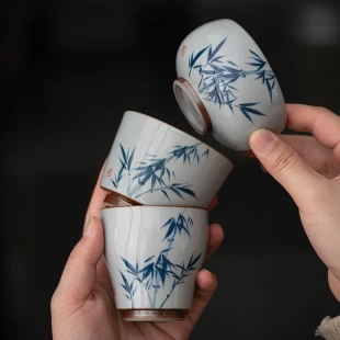 陶瓷主人杯复古功夫小茶杯单杯家用 釉下彩手绘文竹青花品茗杯中式