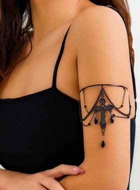 欧美甜酷哥特式十字架水晶开口臂镯黑色链条多层leghain