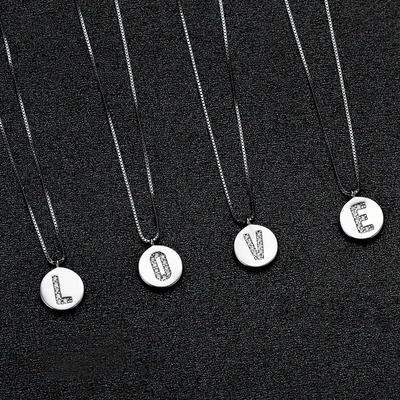 s925银圆牌双面26个字母项链女简约镶钻个性叠戴吊坠锁骨链