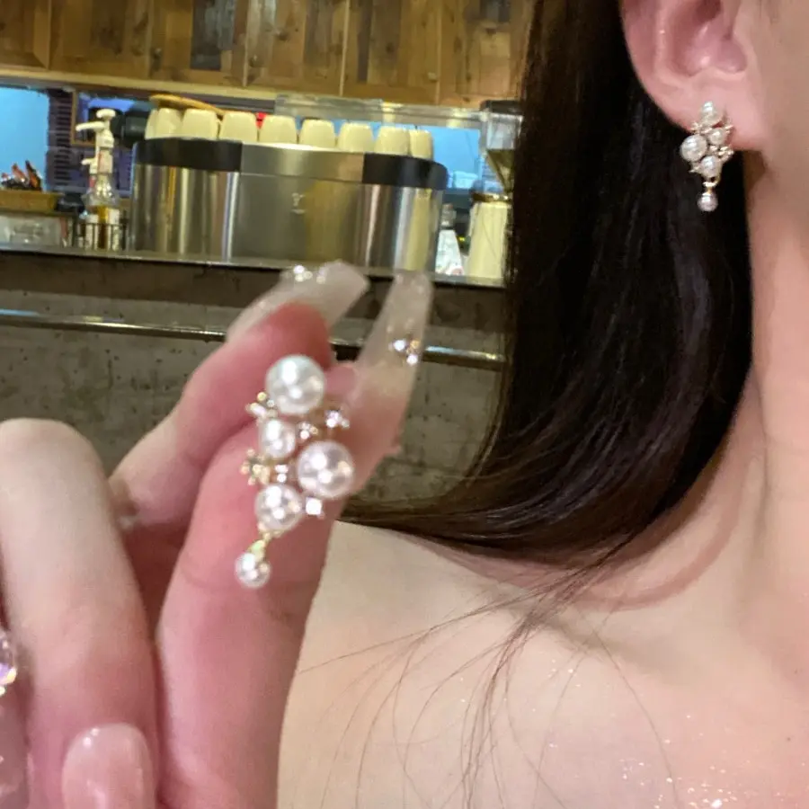 温柔气质珍珠串耳环s925银针法式珍珠锆石耳环气质高级感耳钉轻奢