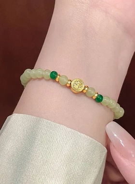 新中式绿色串珠福牌手链女2025年新款复古风手串轻奢小众精致