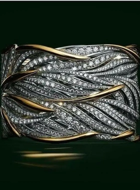 wish速卖通ebay新款满钻锆石缠绕多层黄金双色戒指