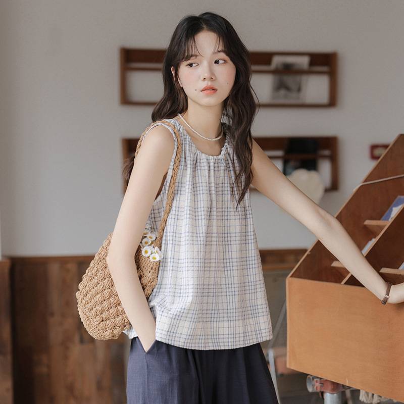 2025夏季新款日系少女感格子背心宽松百搭显瘦无袖套头圆领衬衫女