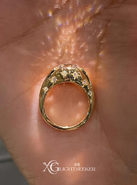 中古金色爆闪微镶八芒星戒指女