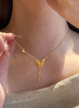 新中式金色爆闪蝴蝶流苏项链女