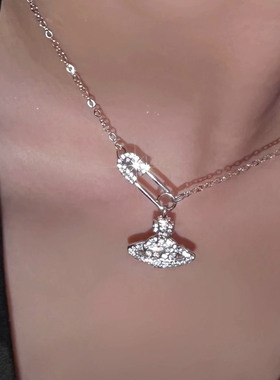 银色土星别针项链女气质颈链