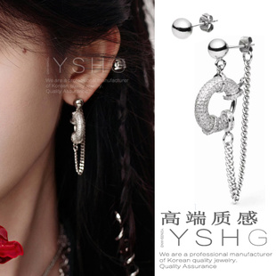鞠婧祎同款银色耳环女不对称链条流苏耳钉轻奢小众设计高级感耳饰